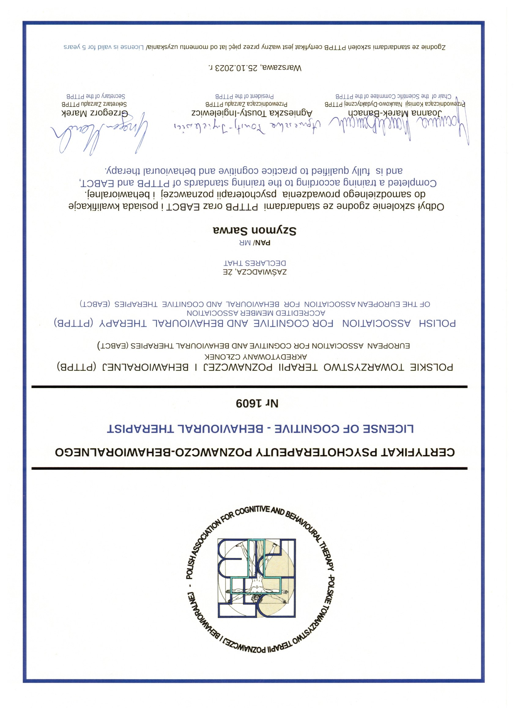 Certyfikat Psychoterapeuty Poznawczo-Behawioralnego